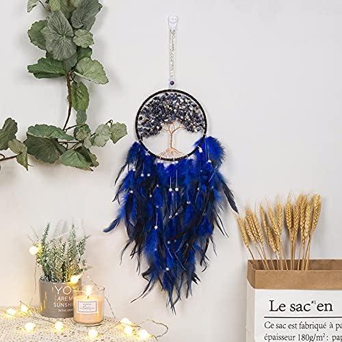 Pretty Jolly Fairy Blue Tree of Life Dream Catcher Wall Decor with Healing Crystal Stone Handmade Feather Dream Catchers Decoration Wall Hanging Bedroom Living Room Wedding Party Home Decor-25.6"