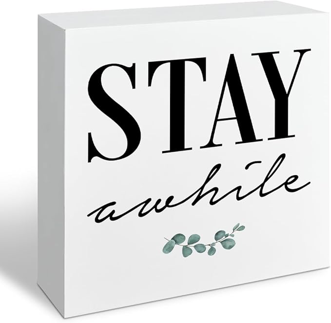 Rustic Farmhouse Home Wooden Signs, Stay Awhile Sign, Living Room Decor, Farmhouse Style Quality Print, Home Desk Decoration, Housewarming Gift, Box Sign Decor Tabletop, 5.1x5.1inches