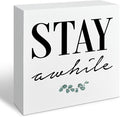 Rustic Farmhouse Home Wooden Signs, Stay Awhile Sign, Living Room Decor, Farmhouse Style Quality Print, Home Desk Decoration, Housewarming Gift, Box Sign Decor Tabletop, 5.1x5.1inches