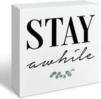 Rustic Farmhouse Home Wooden Signs, Stay Awhile Sign, Living Room Decor, Farmhouse Style Quality Print, Home Desk Decoration, Housewarming Gift, Box Sign Decor Tabletop, 5.1x5.1inches