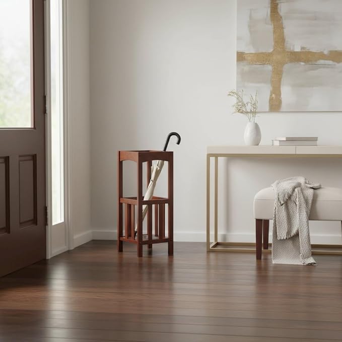 Furnifact Umbrella Stand with Removable Metal Tray, Solid Wood Frame, Tall Accent Table, Walnut Finish, Entryway Storage