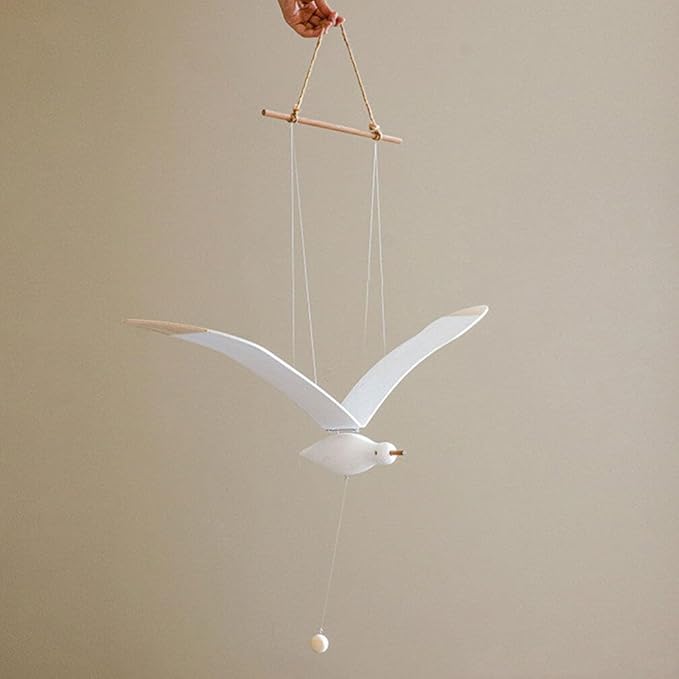 Seagull Hanging Mobile Wooden Flying Bird Decor Nursery Wall Hanging Ornament for Home Nursery Room Balcony Patio Decor
