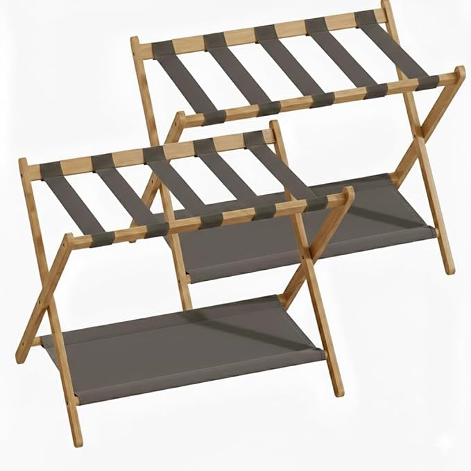Bamboo Luggage Rack for Guest Room, 26.77" Folding Wide Suitcase Stand with Fabric Storage Shelf, Thickened Luggage Stand Holder for Bedroom Hotel, Luggage Rack for Suitcases (1 Pack - Tea brown)