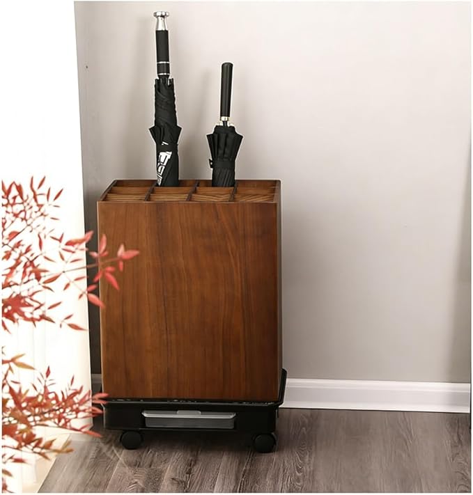 zktoermn Square Umbrella Stand Rack with Wheels, Wooden Umbrella Organizer Bin, Retro Indoor Umbrella Holder for Entryway, Office, Home(Brown,42x28x61cm)