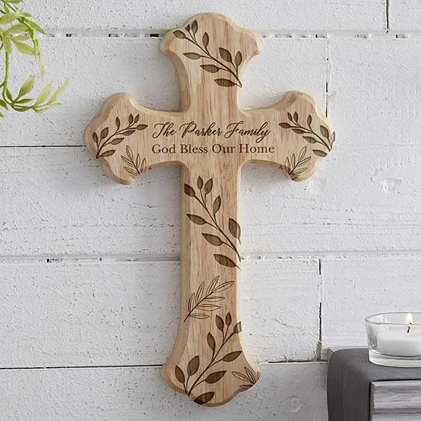 Personalization Universe Family Vine Engraved Oak Wood Cross - Customizable Wall Decor for Home, Wedding, Personalized Wall Art with Family Name - 9.5" x 6