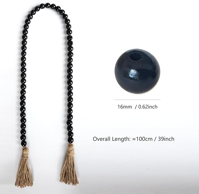 Boho Decor Wood Beads Garland Farmhouse Wall Hanging Decorations Natural Wooden Bead Tassel Decorative for Coffee Table Christmas and Prayer (Black, 39")
