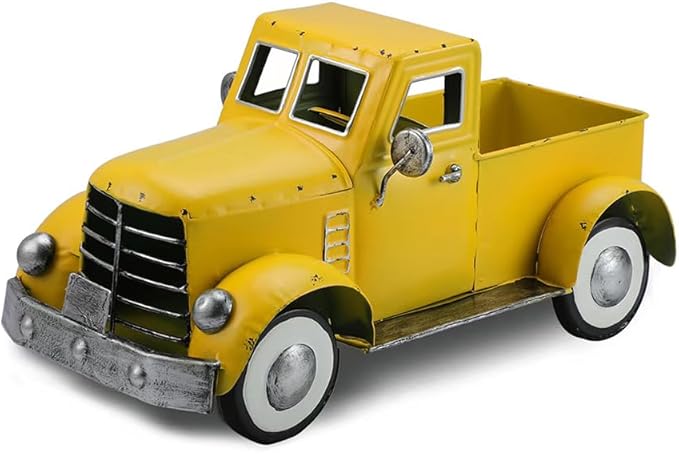 Vintage Farmhouse Yellow Fall Truck Decor, Rustic Metal Car Trucks Decors, Indoor Kitchen Storage Decorations, Outdoor Farm Pick-up Collectible Sunflower Pumpkin Vehicles