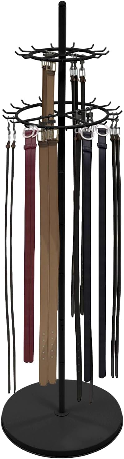 Belt Display Stand with 31 Hooks – Black Steel Double-Tier Tie & Scarf Organizer, 66.1" Tall, Heavy Duty Rotating Rack for Belts, Ties, Scarves, Home, Closet, Boutique, Clothing Store