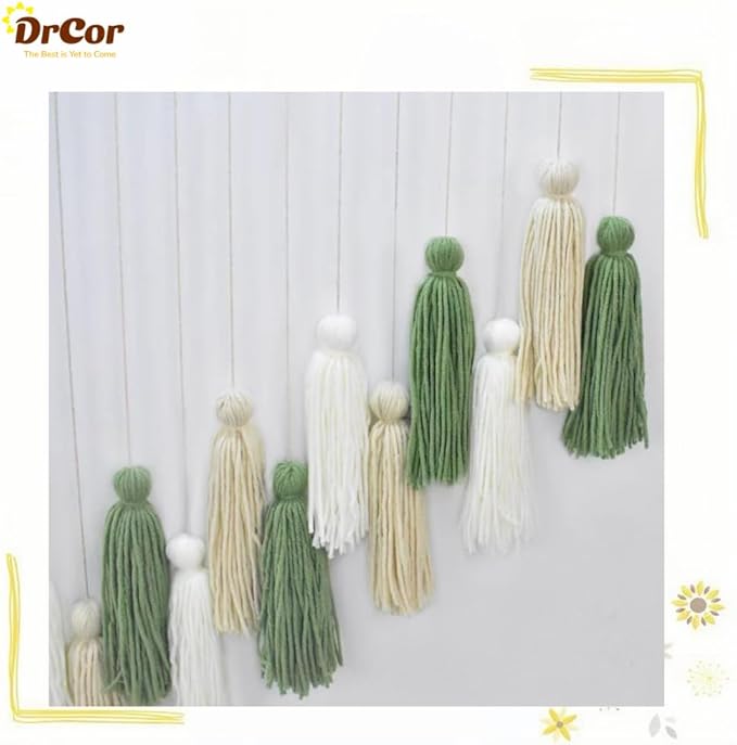 DrCor Sage Green Boho Tassel Garland – Neutral Wall Hanging for Living Room, Bedroom, or Reading Corner, Dorm Room or Entryway Decor, Baby Shower, Birthday Party or Cozy Farmhouse Decoration