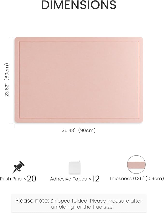 Fluxynara Bulletin Board,35.4" x 23.6" Cork Board Alternative with 12 Safe Removable Adhesive Tabs, Foldable Felt Pin Board for Home Office, Classroom, Bedroom,Entryway for Walls—Pink