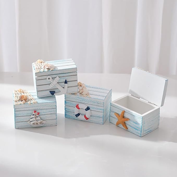 2 Pack Wooden Handmade Mini Chair Box Beach Decor Nautical Theme Decoration for Home Office Desk (Sailboat)