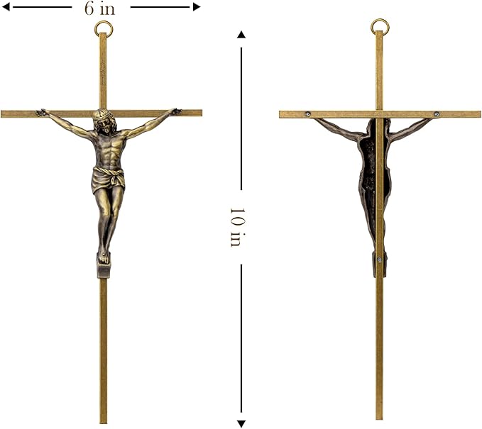 KUXBET Crucifix Wall Cross, Metal Vintage Wall Hanging Cross,10inch Antique Brass Jesus Crucifix Home Décor