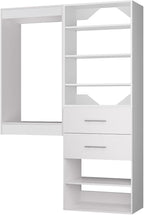 ROOMTEC Modular Closet System, 40" Wall Mounted Closet Organizer with Hanging Rods and Drawers, Wooden Tower for Walk-In Closets, Wardrobe Storage Kit, White