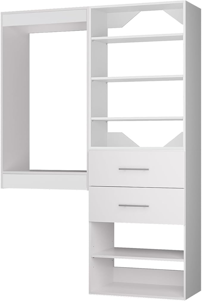 ROOMTEC Modular Closet System, 46" Wall Mounted Closet Organizer with Hanging Rods and Drawers, Wooden Tower for Walk-In Closets, Wardrobe Storage Kit, White