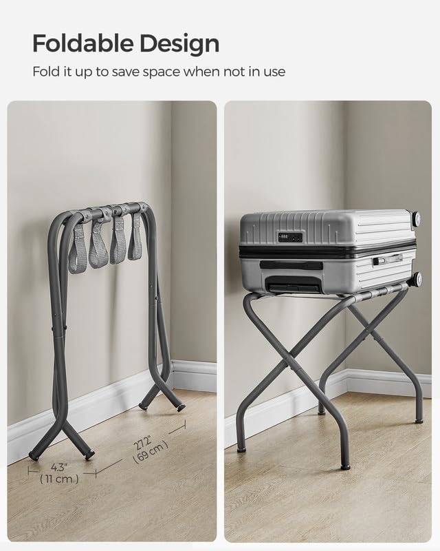 SONGMICS Luggage Rack for Guest Room, Set of 2 Suitcase Stands, Foldable Steel Frame, for Hotel, Bedroom, Holds up to 110 lb, 27.2 x 15 x 20.5 Inches, Slate Gray URLR001G02