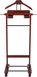 Wooden Freestanding Clothes Stand with Sturdy Base, Multi-functional Suit Valet Stand, Coat Rack with Top Drawer, Tie Hangers, Storage Compartments for Office, Bedroom, Living Room (Reddish Orange)
