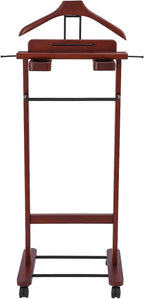 Wooden Freestanding Clothes Stand with Sturdy Base, Multi-functional Suit Valet Stand, Coat Rack with Top Drawer, Tie Hangers, Storage Compartments for Office, Bedroom, Living Room (Reddish Orange)