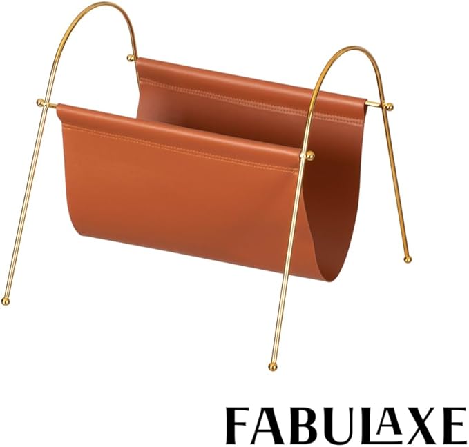 Fabulaxe 12-in Gold-Tone Metal Frame with Brown Leatherette Sling Magazine Holder for Living Rooms, Home Offices, and Waiting Areas - for Office Desk Accessories, Organizing Magazines and Newspapers