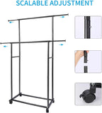Fishat Black Simple Standard 2 Double Rod Clothing Metal Garment Rack for Hanging Clothes, Rolling Clothes Organizer with Mobile Lockable Wheels
