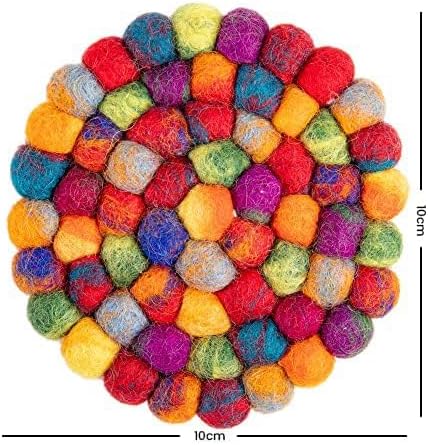 Round Felt Ball Coasters - Wool Table Coasters - Felt Coaster Pads, Absorbent Trivet for Drinks - Heat Resistant, Thick & Durable Hand Felted in Nepal by Woolygon- Multi-Color - Set of 5