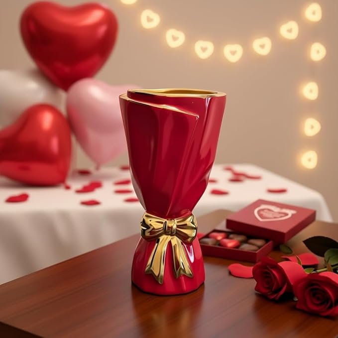 Red and Gold Bow Ceramic Vase - Flower Vases for Home Decor, Bow Decor, Boho Style, 9.65 Inch Flower Vases for Bouquet, Large Vase for Ideal Shelf Decor/Table (Red and Gold, Large)
