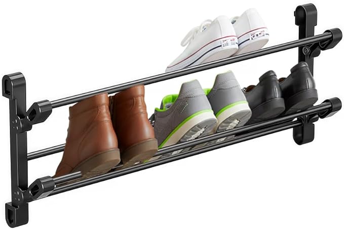 Foldable 26-Inch Wall Mounted Shoe Rack Organizer, Holds 6 Pairs, Small Hanging Shoe Rack for Entryway, Door or Closet, Space-Saving Wall Shoe Storage
