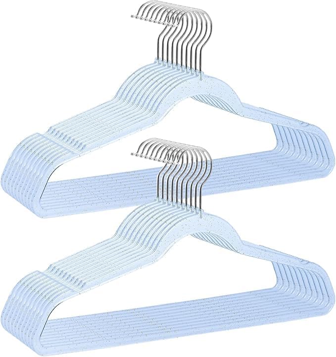 Blue and Gold Hangers for Clothes 40 Pcs, 16" Wide Clear Hangers for Men's Shirt, Women's Gown Dress, Youth Suit, Hoodie, Plastic Hanger with Swivel Hook, Thin Clothing Rack for Dorm Room Essentials