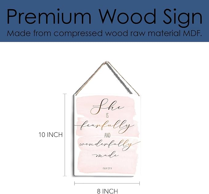 Inspirational She is Fearfully and Wonderfully Made Bible Verse Wood Sign Rustic Psalm 139:14 Flowers Christian Wooden Hanging Plaque for Home Wall Art Decoration 8 x 10 Inches Present