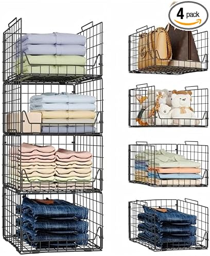 Stackable Closet Organizers and Storage Bins 4 Pack, Sturdy Metal Clothes Storage Container for Clothes Pants Sweaters, Black Folded Drawer Shelf Organizer for Closet Wardrobe