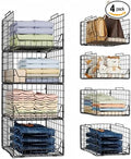 Stackable Closet Organizers and Storage Bins 4 Pack, Sturdy Metal Clothes Storage Container for Clothes Pants Sweaters, Black Folded Drawer Shelf Organizer for Closet Wardrobe