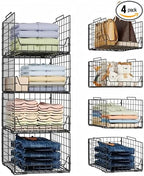 Stackable Closet Organizers and Storage Bins 4 Pack, Sturdy Metal Clothes Storage Container for Clothes Pants Sweaters, Black Folded Drawer Shelf Organizer for Closet Wardrobe