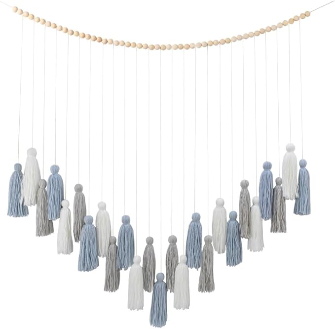 DrCor Dusty Blue Boho Macrame Garland – Serene Wall Hanging for Living Room, Bedroom or Reading Corner, Dorm Room or Study Decor, Coastal Boho Mantel or Entryway Decoration