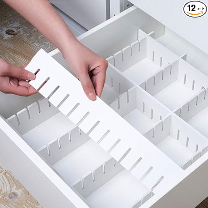12Pcs Drawer Dividers, 16.93" x 2.76", Thick, Large Adjustable Drawer Organizer for Clothes, Kitchen, Bathroom, Dresser, Fridge, Bedroom, Office Storage, DIY Storage Organizer Separator