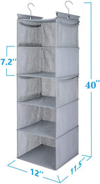 MAX Houser 5 Shelf Hanging Closet Organizer,Space Saver, Closet Hanging Shelves with (4) Side Pockets,Foldable,Light Grey