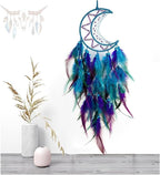 Moon Dream Catcher Handmade for Bedroom Purple and Blue Feather Dream Catchers for Home Decoration Ornaments for Bedroom Wall Hanging (Blue Feather - 1pc)