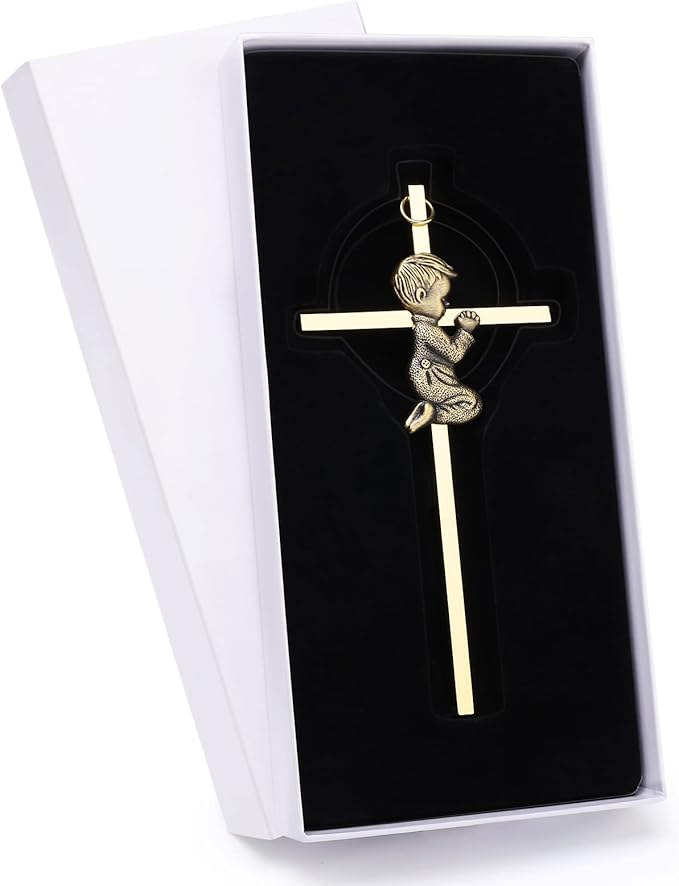 DCCXN Baby Wall Cross Baptism Gifts for Boys, 6 Inch Gold Praying Boy Crosses for First Holy Communion, Christening, Baptismal Cross Decor