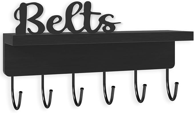Belt Hanger Organizer for Closet, Wall Mount Belt Rack, Wooden Belt and Tie Organizer for Stores and Displays Mens Accessories (Length 9.8”) Black-Belts