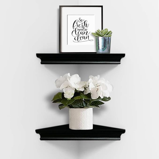 AHDECOR Black Floating Corner Shelves, Elegant Wall-Mounted Corner Shelf for Decorative Display and Storage in Any Room, Set of 2