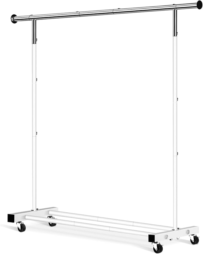 Clothing Rack, 55.51 Inch Heavy Duty Clothes Rack Rolling Garment Rack with Wheels and Bottom Shelf, 130LB Capacity Clothes Racks for Hanging Clothes, Coats, Shirts, Sweaters, Skirts, White