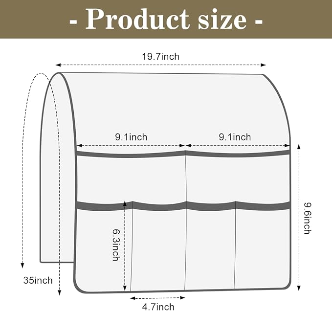 Couch Armrest Organizer Remote Control Holder Bedside Caddy with 6 Pockets, Non-Slip Armchair Caddy Sofa Armrest Organizer for Tv Remote Control, Magazine, Cell Phone, Dark Khaki