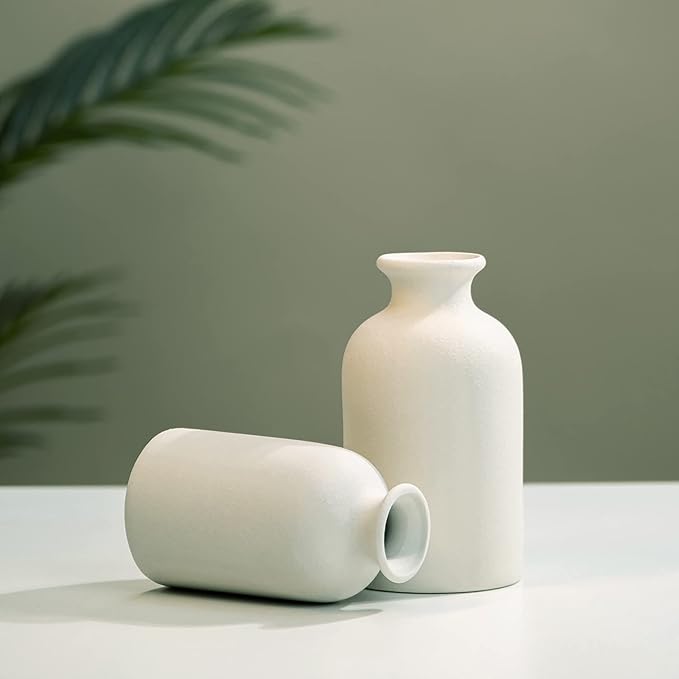 Hirdbrote Small Ceramic Vases for Decor, 2-Piece Set - Flower Vases, Modern Farmhouse & Rustic Home Decor, Wedding & Kitchen Centerpiece (5.5' & 4.7' Tall) (White)