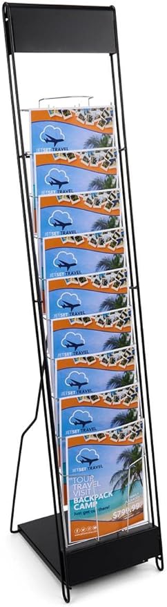 Portable Magazine Rack with 10 Pockets for 8.5x11 Catalogs, Carry Bag Included, 54"h Floor-Standing Literature Display with Tiered Design, Steel (Black)