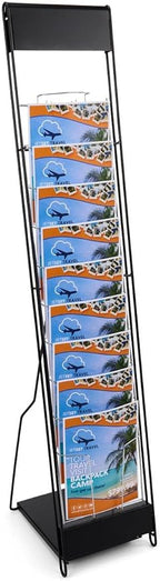 Portable Magazine Rack with 10 Pockets for 8.5x11 Catalogs, Carry Bag Included, 54"h Floor-Standing Literature Display with Tiered Design, Steel (Black)