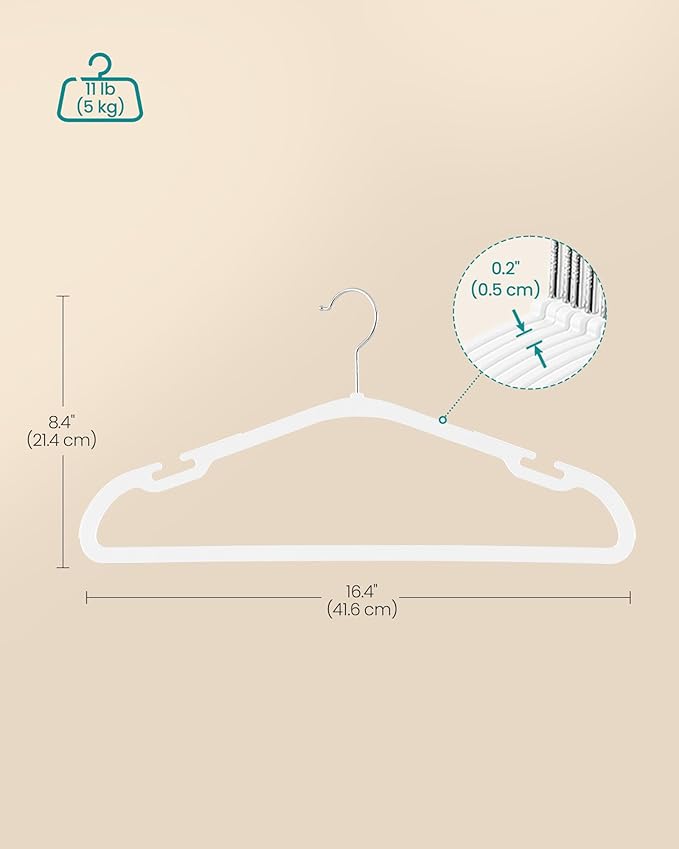 SONGMICS Clothes Hangers 50 Pack, Heavy-Duty Plastic Hangers, Coat Hangers with Wide Shoulder Notches, Pant Bar, 360° Swivel Hook, Space-Saving, 16.4 Inches, for Closet, Cloud White UCRP060W01