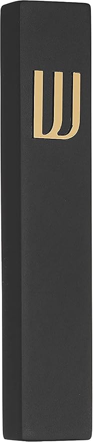 A&S Mezuzot Modern Concrete Mezuzah Case with Scroll, Easy Peel and Stick Mezuza (Black+ Gold Shin, 9 Inches)