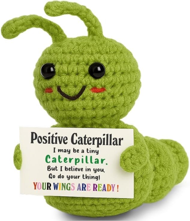 Mini Positive Christmas Caterpillar Gift – Cute Crochet Encouragement Gift for Kids, Students, Friends, Teachers Coworkers – Tiny Plush Bug with Card – Back to School, Just Because Present