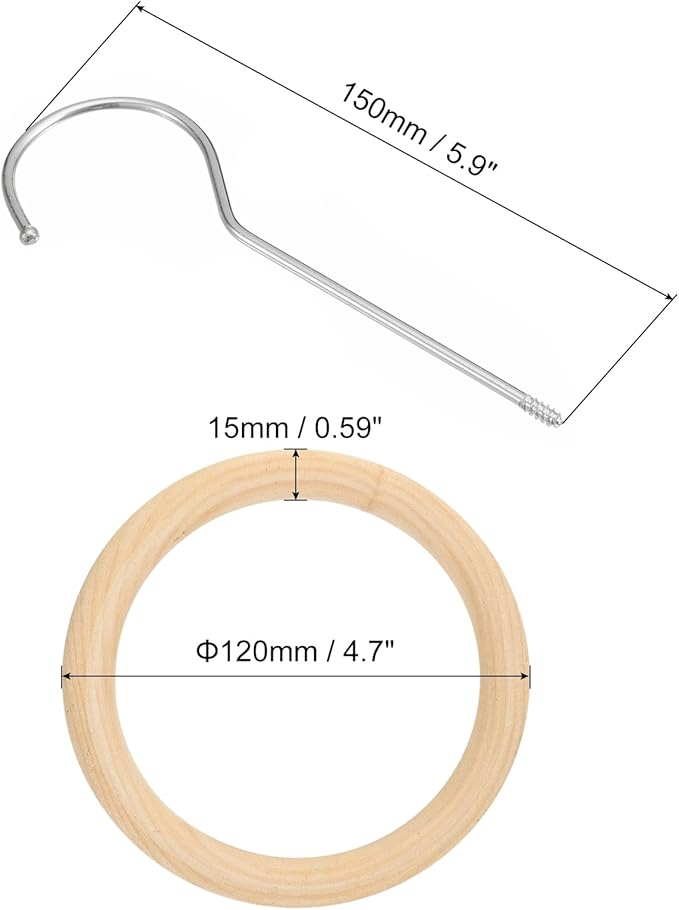 uxcell 4.7 Inch Scarf Ring Hanger, Scarf Organizer Holder Wooden Circle Rings Hanging Hook for Belt Tie Scarf, 15cm Length Hook (Silver)