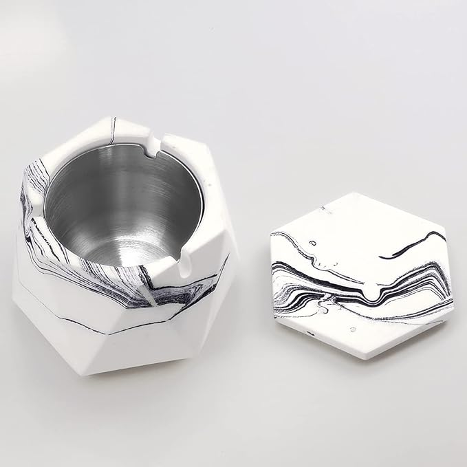 FREELOVE Concrete Ashtray with Lid & Stainless Steel Ashtrays for Cigarettes, Cement Ash Tray Smoking Holder Indoor Smokeless Outdoor Windproof Patio Home Office Cool Decor(White Marble, Large)