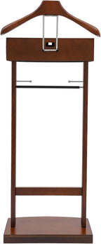 Wood Suit Rack, Freestanding Clothing Valet Stand with Top Tray, Drawer, Trouser Holder, Tie Holders, Coat Rack and Base, Suit Valet Stand for Living Room, Entryway, Bedroom