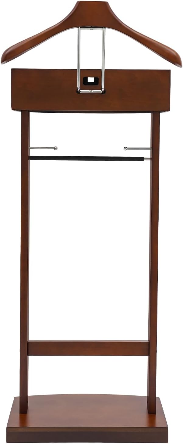 Wood Suit Rack, 22.05Lbs Capacity Freestanding Clothing Valet Stand Floorstanding Valet Stand Clothing Rack Organizer w/Shoe Shelf for Hallways Hotels Office & Shopping Malls (Brown)